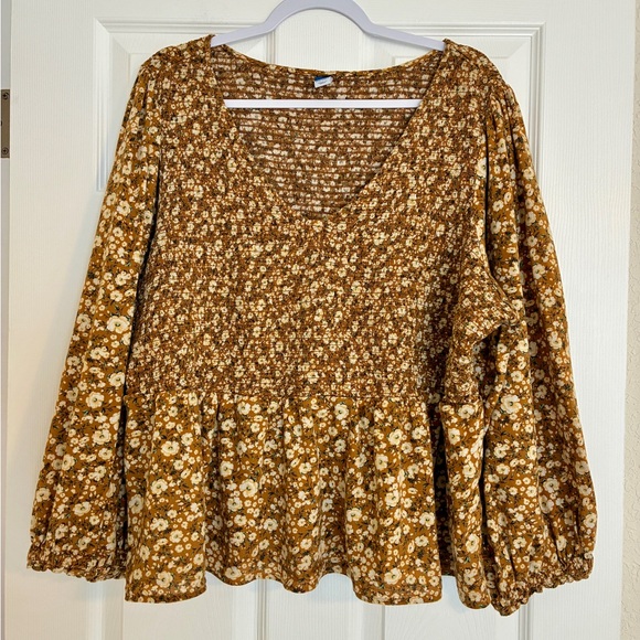 Old Navy Top Women’s 3X Brown Floral Smocked Peasant Blouse Boho Cottagecore - Picture 2 of 12